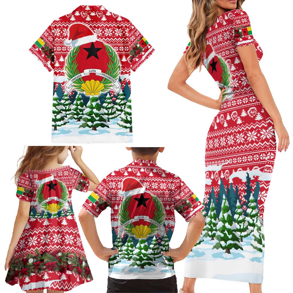 Guinea Bissau Christmas Family Matching Short Sleeve Bodycon Dress and Hawaiian Shirt with Santa Sleigh Reindeer Forest and National Flag Design - Wonder Print Shop