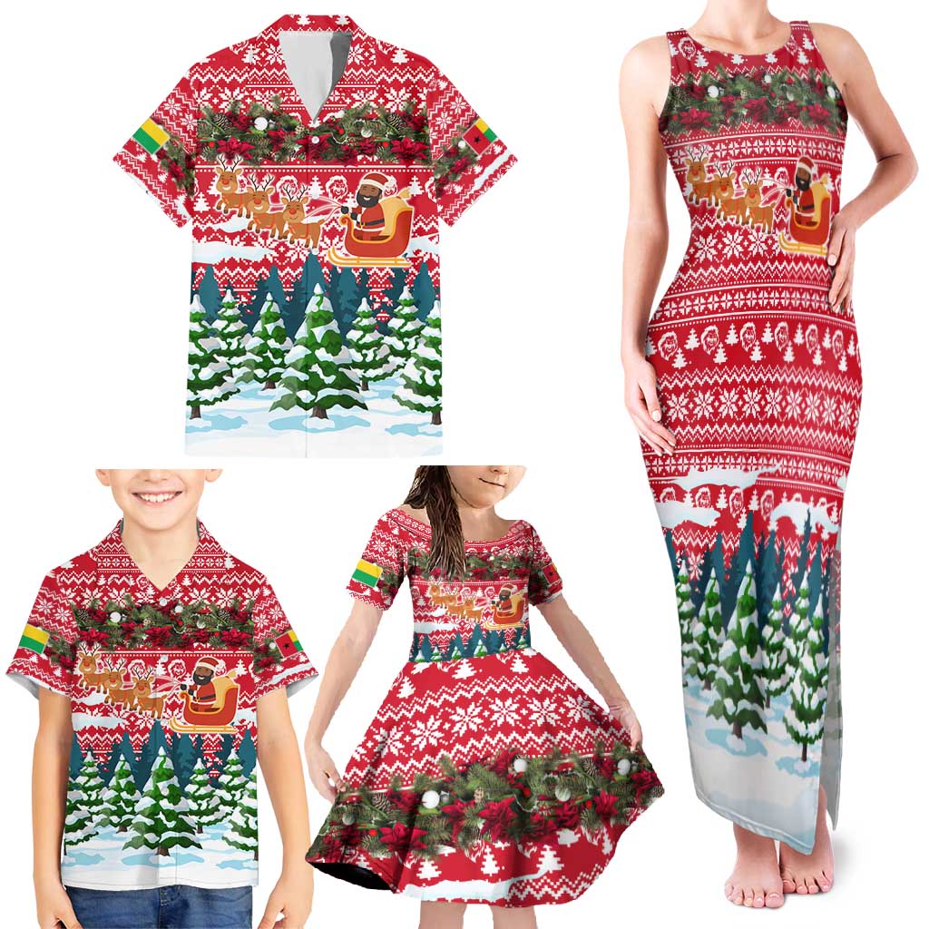 Guinea Bissau Christmas Family Matching Tank Maxi Dress and Hawaiian Shirt with Santa Sleigh Reindeer Forest and National Flag Design - Wonder Print Shop