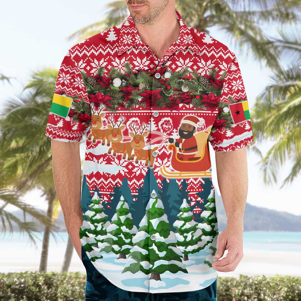 Guinea Bissau Christmas Hawaiian Shirt with Santa Sleigh Reindeer Forest and National Flag Design - Wonder Print Shop