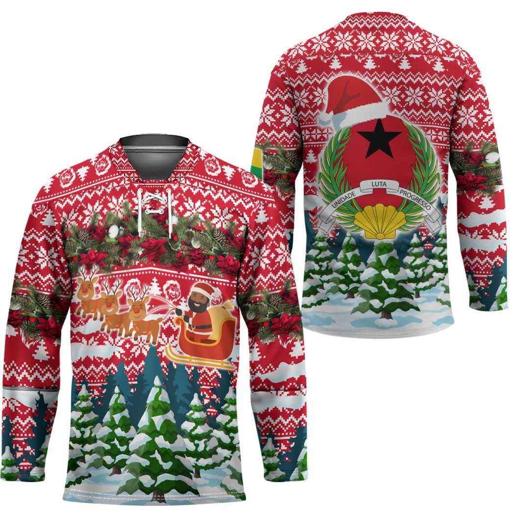 Guinea Bissau Christmas Hockey Jersey with Santa Sleigh Reindeer Forest and National Flag Design - Wonder Print Shop