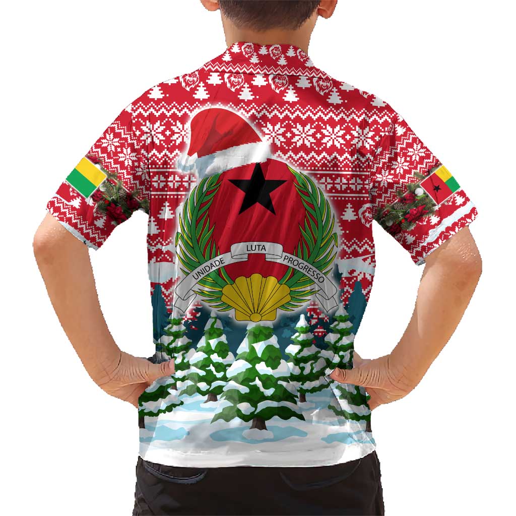 Guinea Bissau Christmas Kid Hawaiian Shirt with Santa Sleigh Reindeer Forest and National Flag Design - Wonder Print Shop