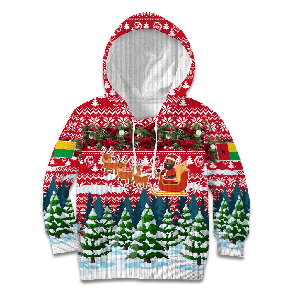 Guinea Bissau Christmas Kid Hoodie with Santa Sleigh Reindeer Forest and National Flag Design - Wonder Print Shop