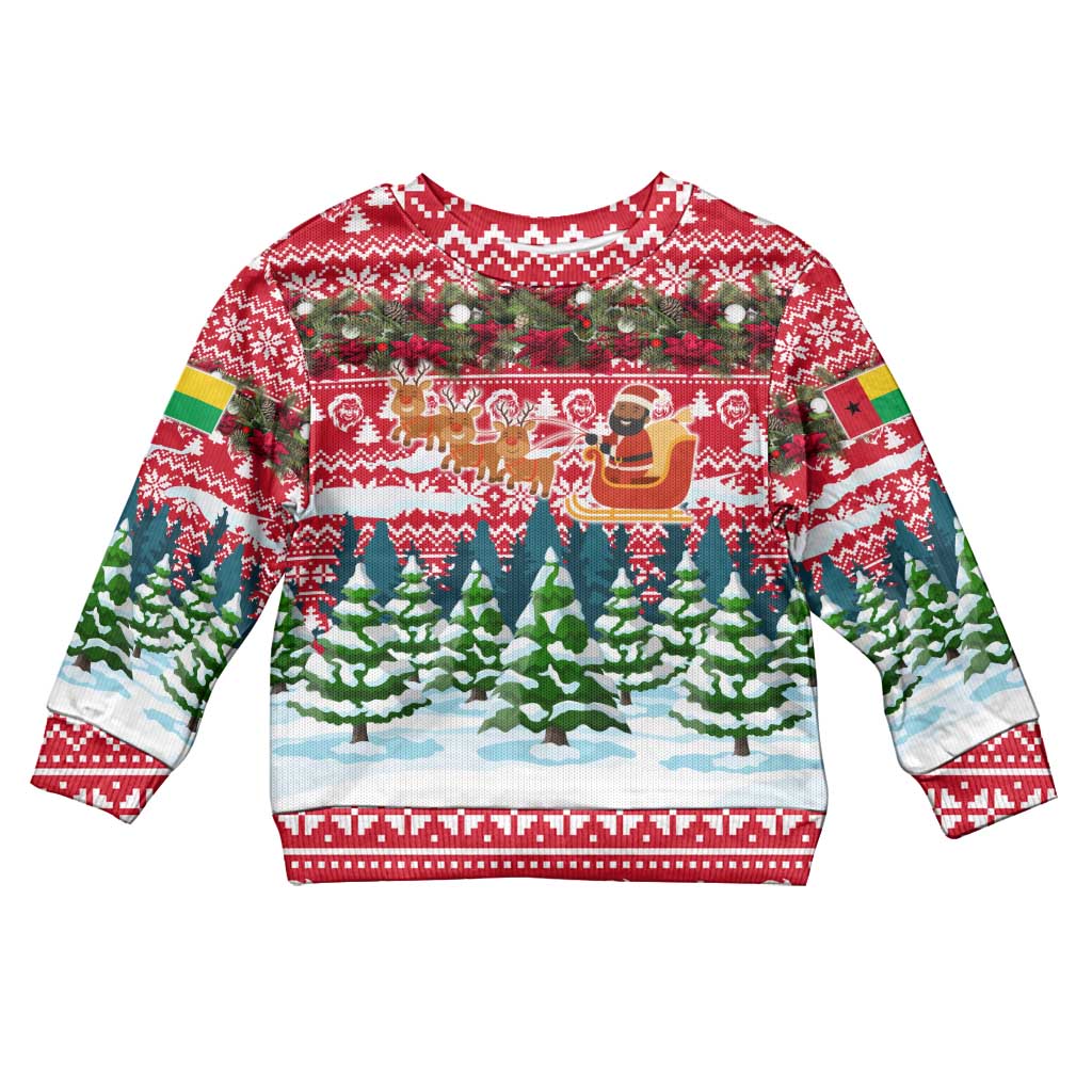Guinea Bissau Christmas Kid Ugly Christmas Sweater with Santa Sleigh Reindeer Forest and National Flag Design - Wonder Print Shop