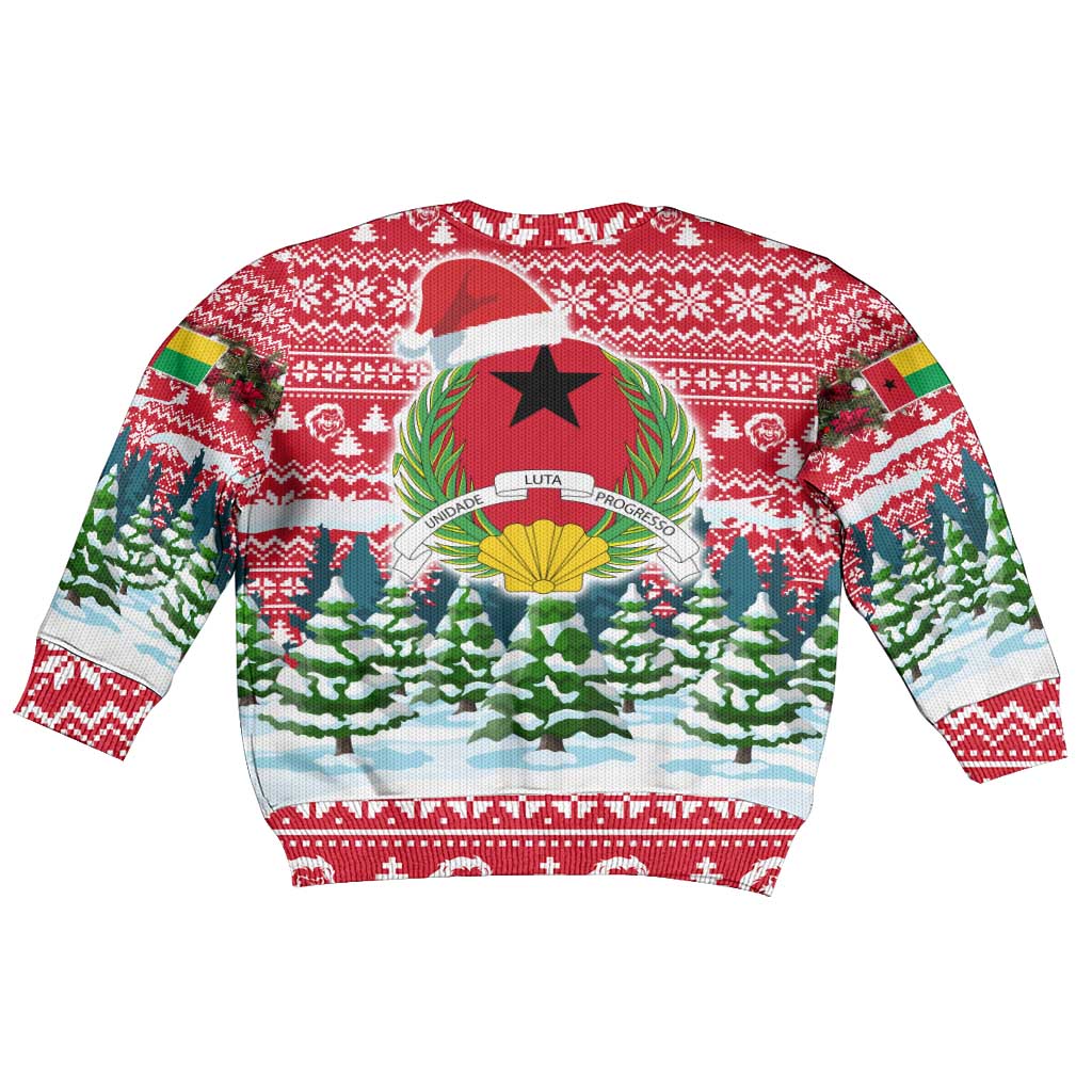 Guinea Bissau Christmas Kid Ugly Christmas Sweater with Santa Sleigh Reindeer Forest and National Flag Design - Wonder Print Shop