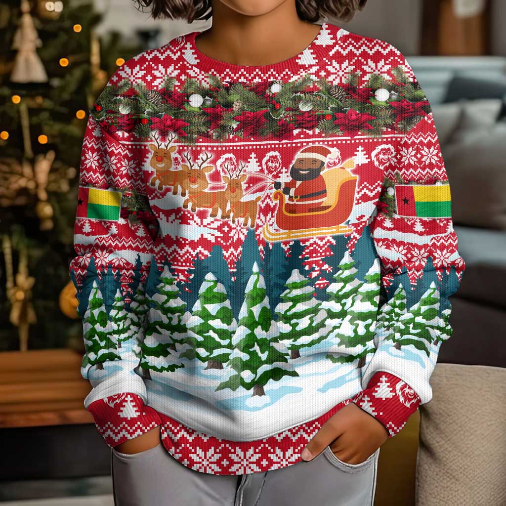 Guinea Bissau Christmas Kid Ugly Christmas Sweater with Santa Sleigh Reindeer Forest and National Flag Design - Wonder Print Shop