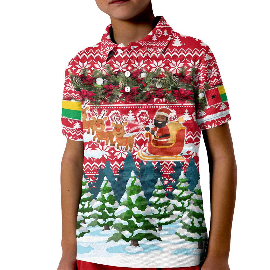 Guinea Bissau Christmas Kid Polo Shirt with Santa Sleigh Reindeer Forest and National Flag Design - Wonder Print Shop