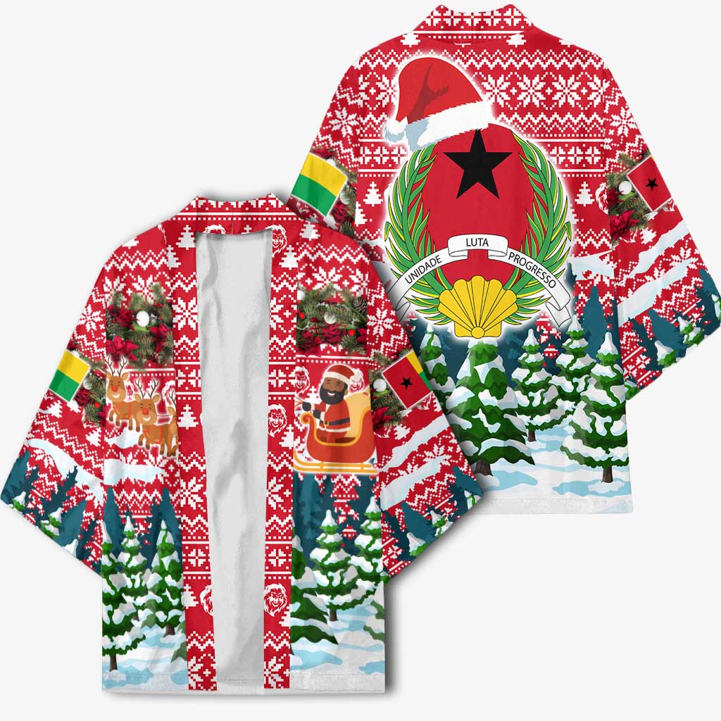 Guinea Bissau Christmas Kimono with Santa Sleigh Reindeer Forest and National Flag Design - Wonder Print Shop
