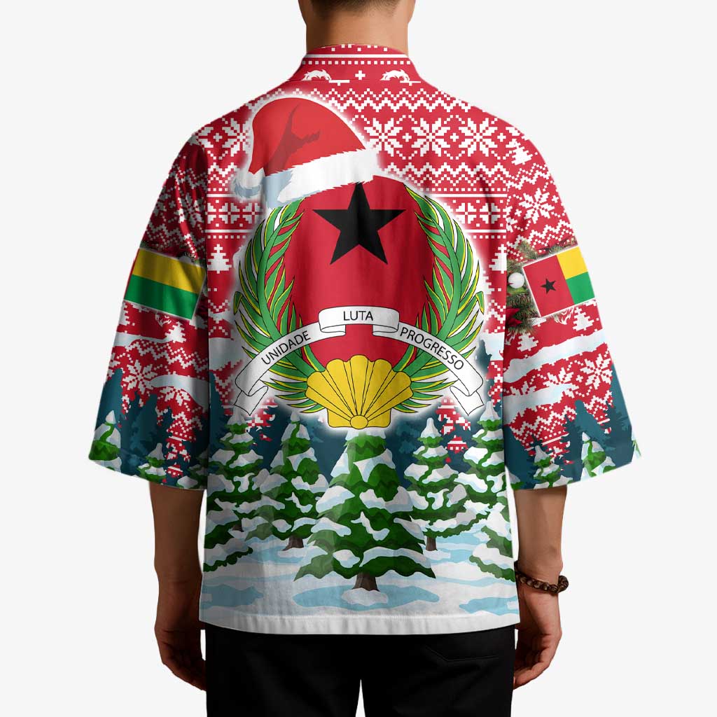 Guinea Bissau Christmas Kimono with Santa Sleigh Reindeer Forest and National Flag Design - Wonder Print Shop