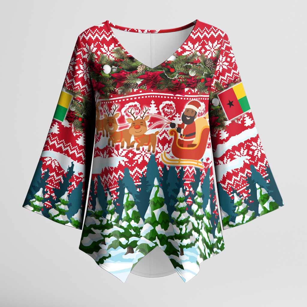 Guinea Bissau Christmas Kimono Sleeve Blouse with Santa Sleigh Reindeer Forest and National Flag Design - Wonder Print Shop