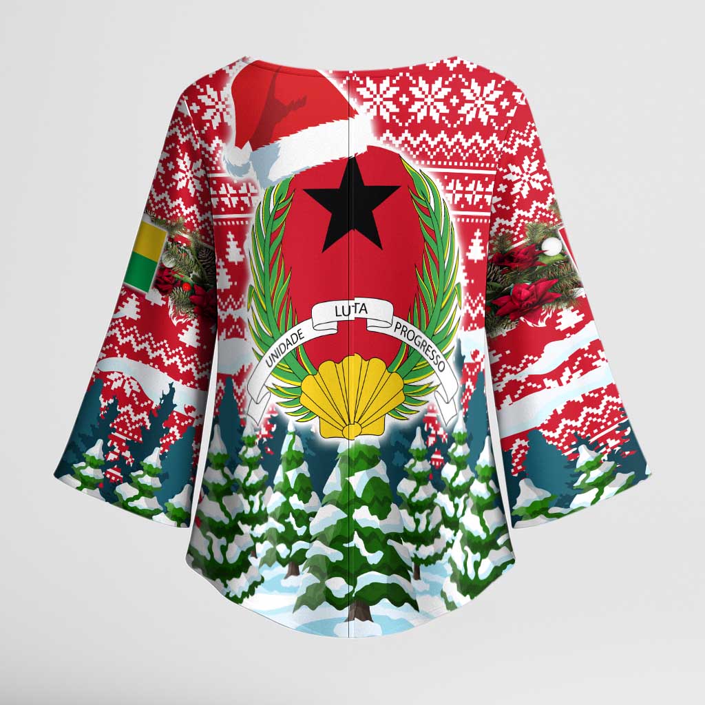 Guinea Bissau Christmas Kimono Sleeve Blouse with Santa Sleigh Reindeer Forest and National Flag Design - Wonder Print Shop