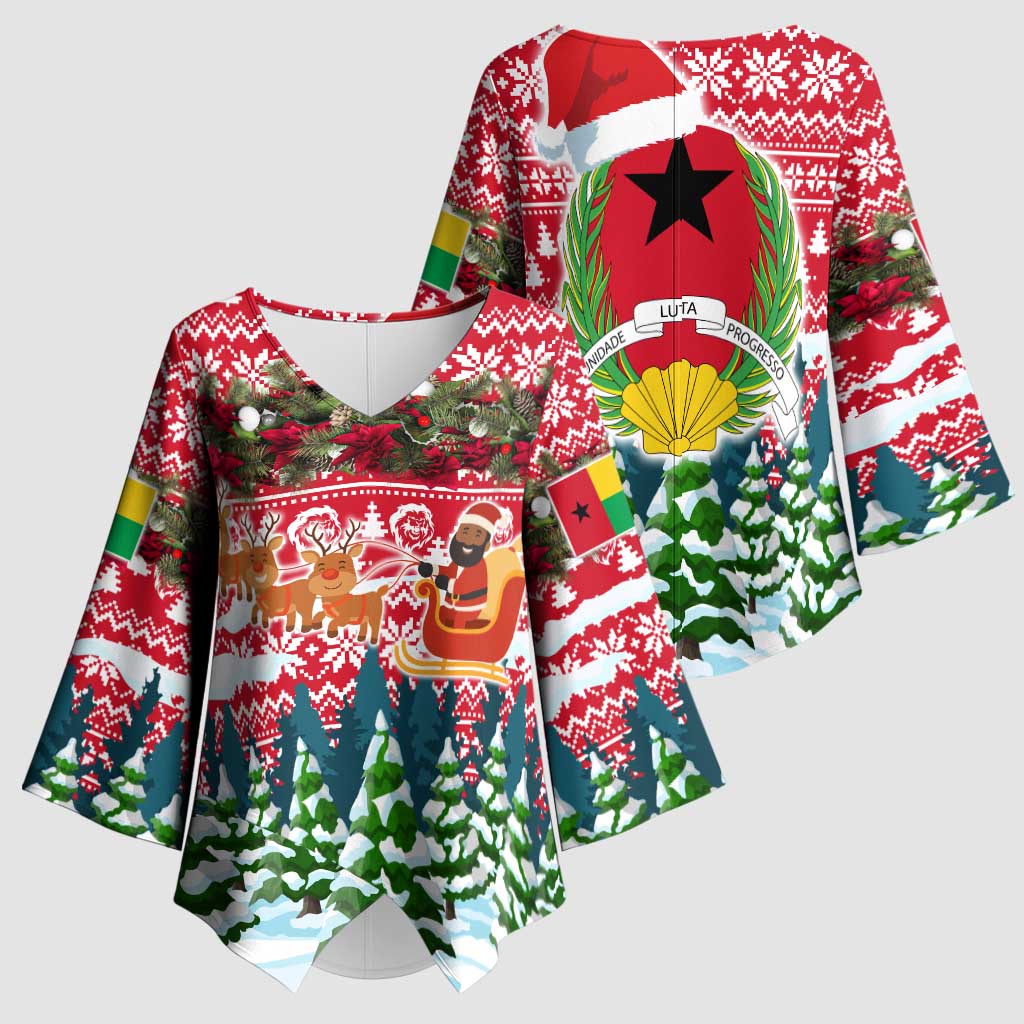 Guinea Bissau Christmas Kimono Sleeve Blouse with Santa Sleigh Reindeer Forest and National Flag Design - Wonder Print Shop