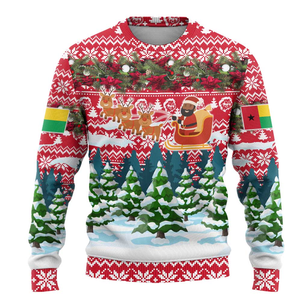 Guinea Bissau Christmas Ugly Christmas Sweater with Santa Sleigh Reindeer Forest and National Flag Design - Wonder Print Shop