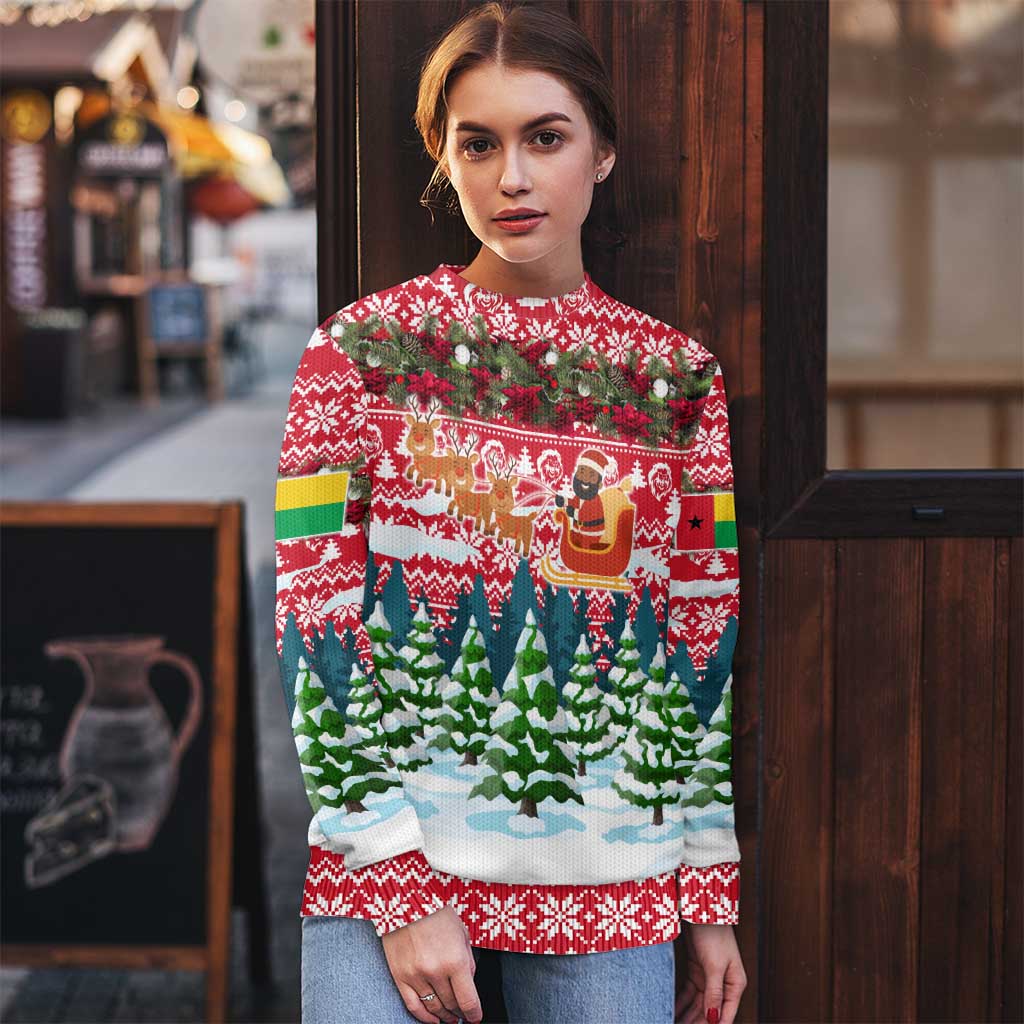 Guinea Bissau Christmas Ugly Christmas Sweater with Santa Sleigh Reindeer Forest and National Flag Design - Wonder Print Shop