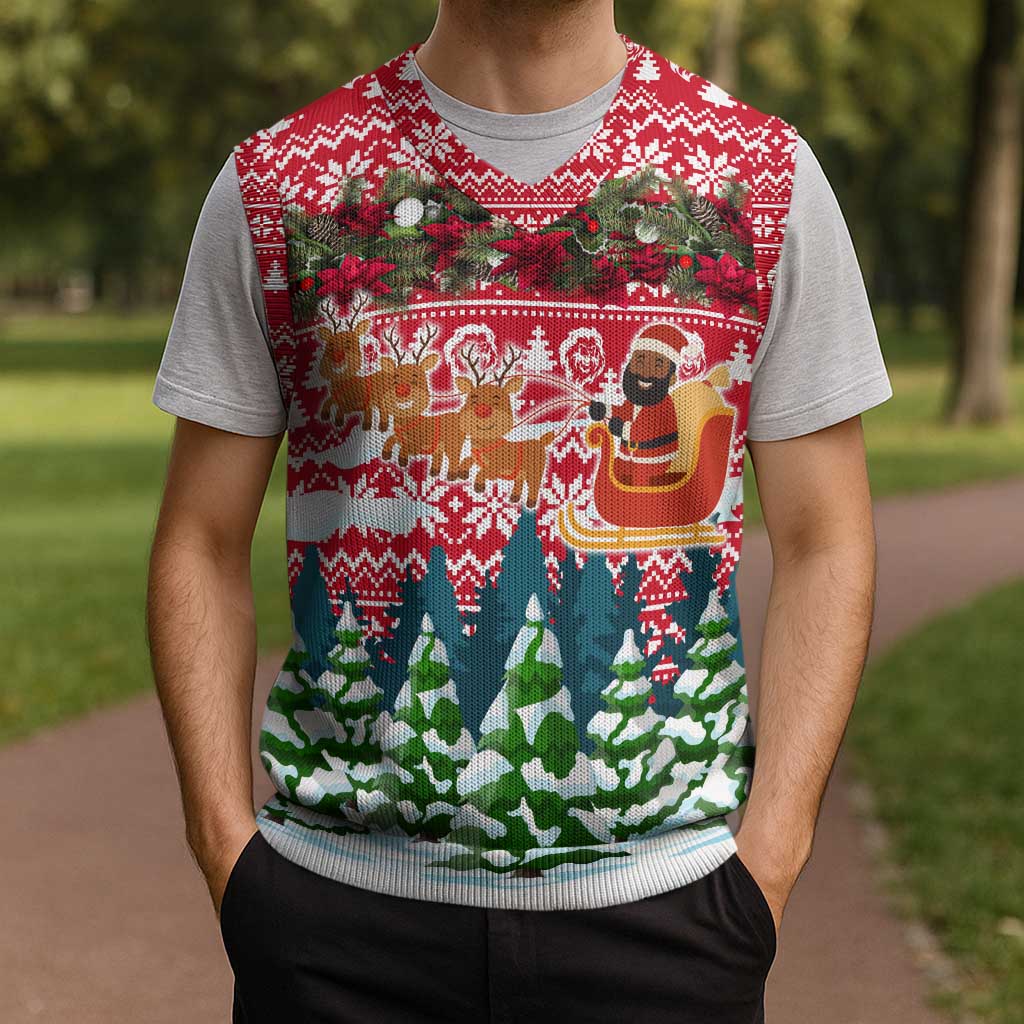 Guinea Bissau Christmas Knitted V-Neck Vest with Santa Sleigh Reindeer Forest and National Flag Design - Wonder Print Shop