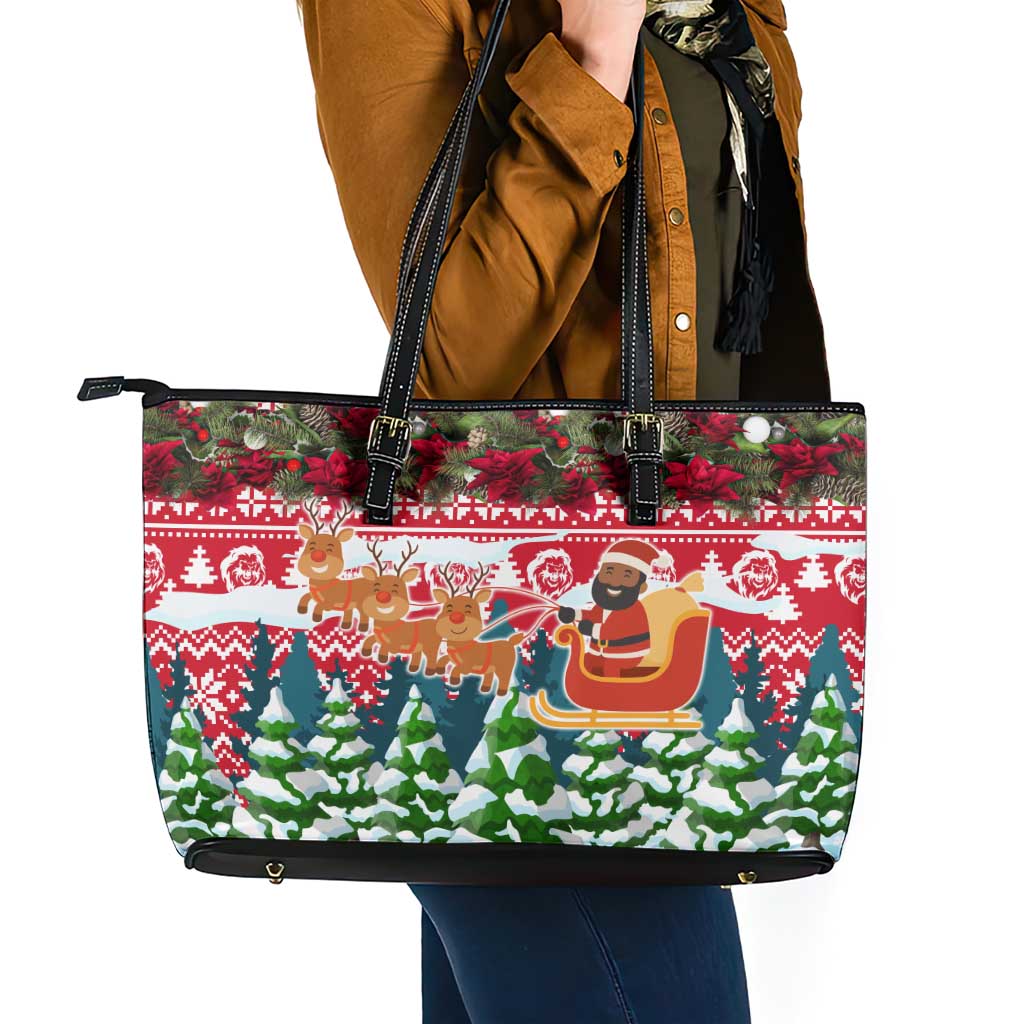 Guinea Bissau Christmas Leather Tote Bag with Santa Sleigh Reindeer Forest and National Flag Design - Wonder Print Shop