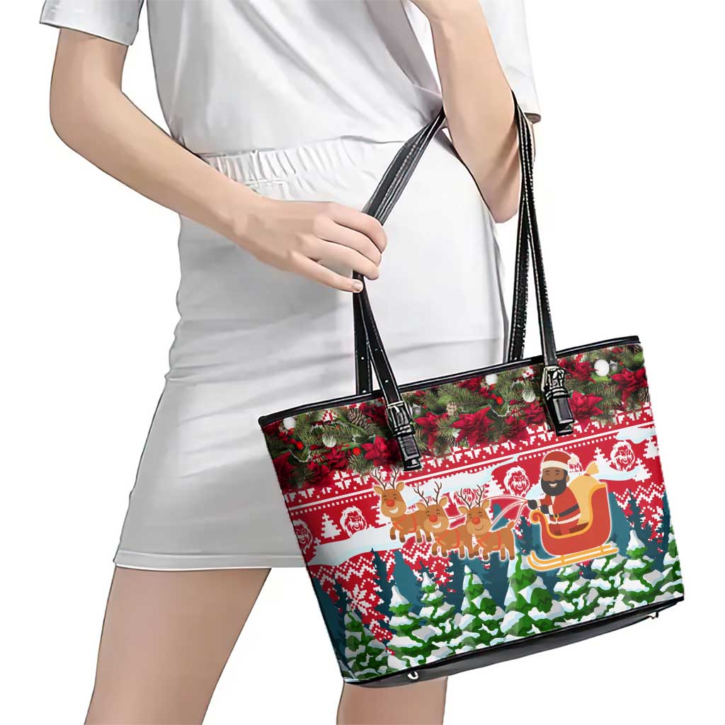 Guinea Bissau Christmas Leather Tote Bag with Santa Sleigh Reindeer Forest and National Flag Design - Wonder Print Shop