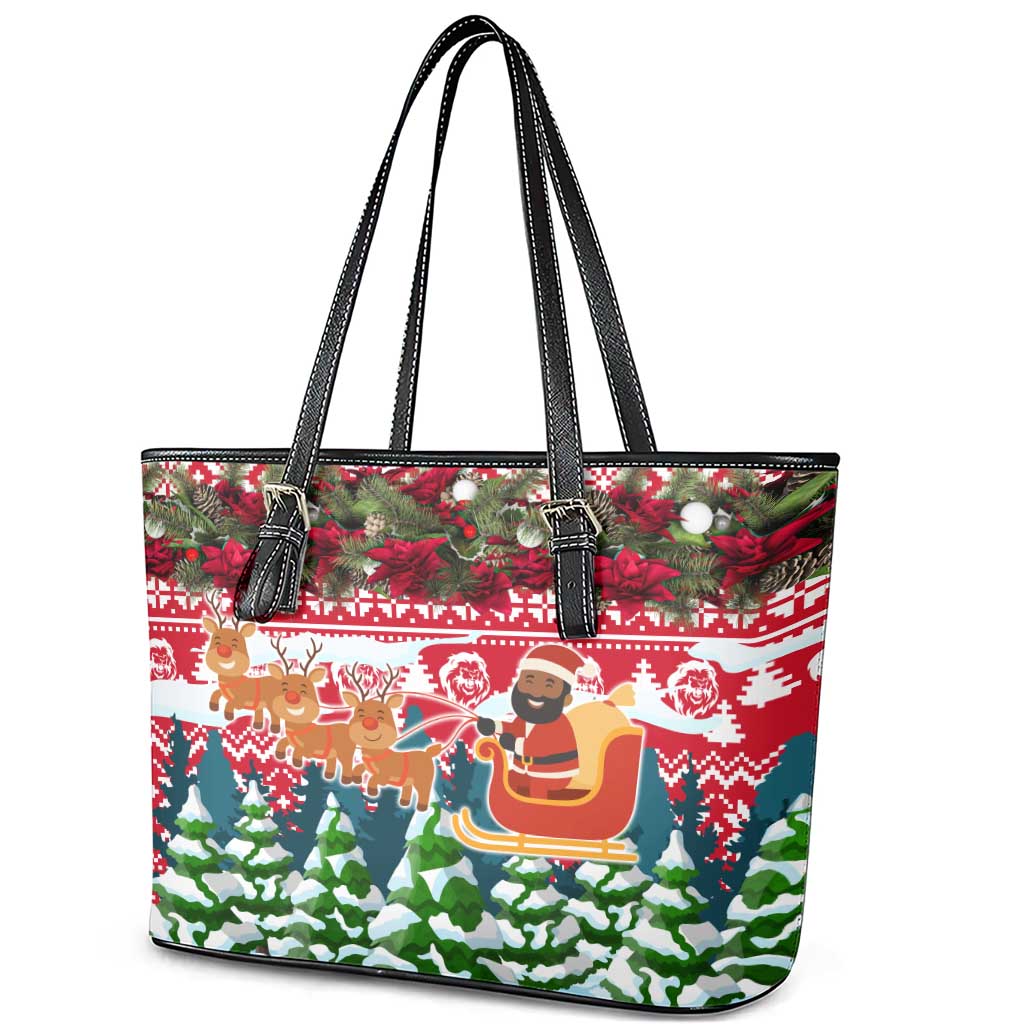 Guinea Bissau Christmas Leather Tote Bag with Santa Sleigh Reindeer Forest and National Flag Design - Wonder Print Shop
