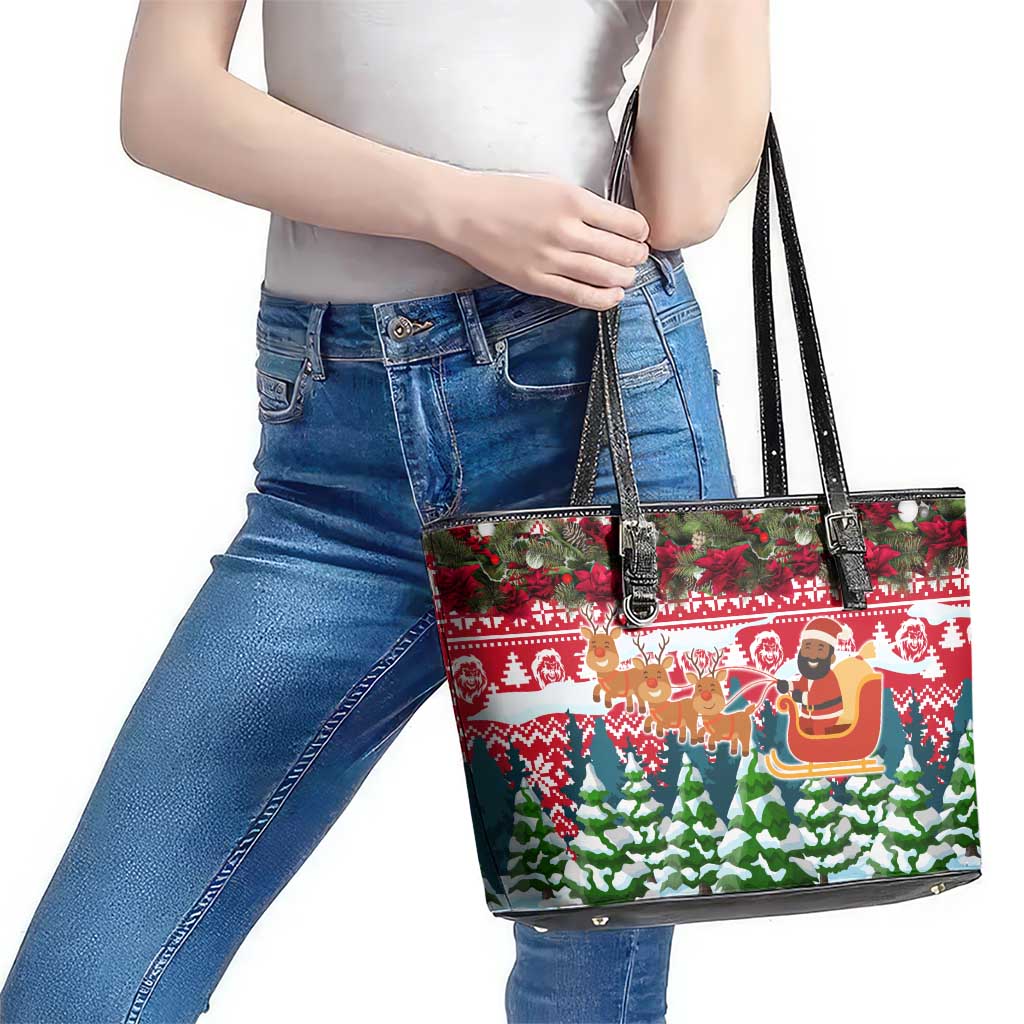 Guinea Bissau Christmas Leather Tote Bag with Santa Sleigh Reindeer Forest and National Flag Design - Wonder Print Shop