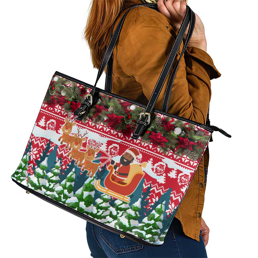 Guinea Bissau Christmas Leather Tote Bag with Santa Sleigh Reindeer Forest and National Flag Design - Wonder Print Shop
