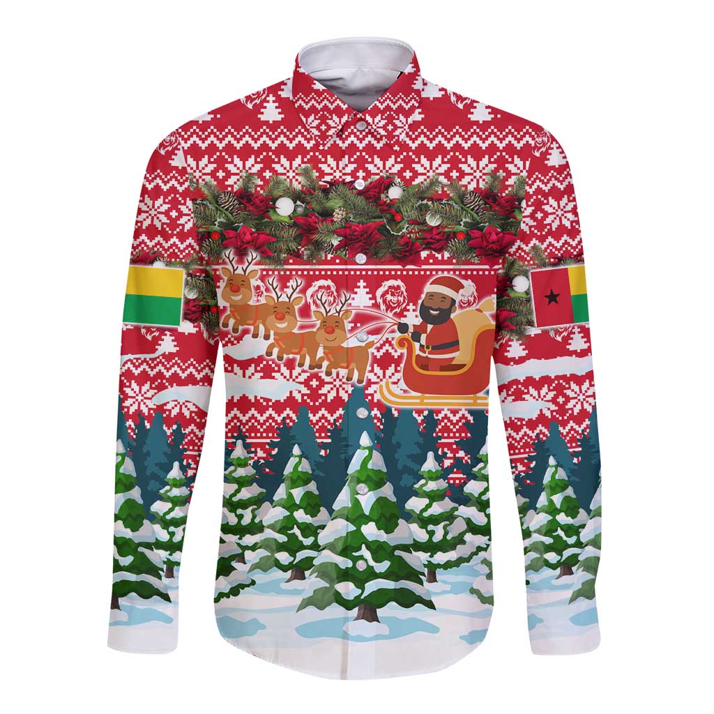 Guinea Bissau Christmas Long Sleeve Button Shirt with Santa Sleigh Reindeer Forest and National Flag Design - Wonder Print Shop