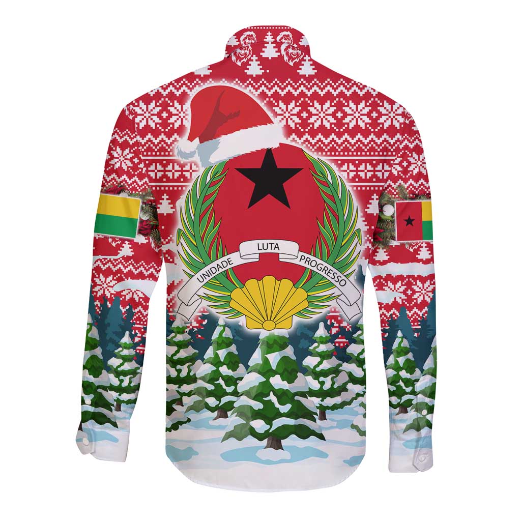 Guinea Bissau Christmas Long Sleeve Button Shirt with Santa Sleigh Reindeer Forest and National Flag Design - Wonder Print Shop