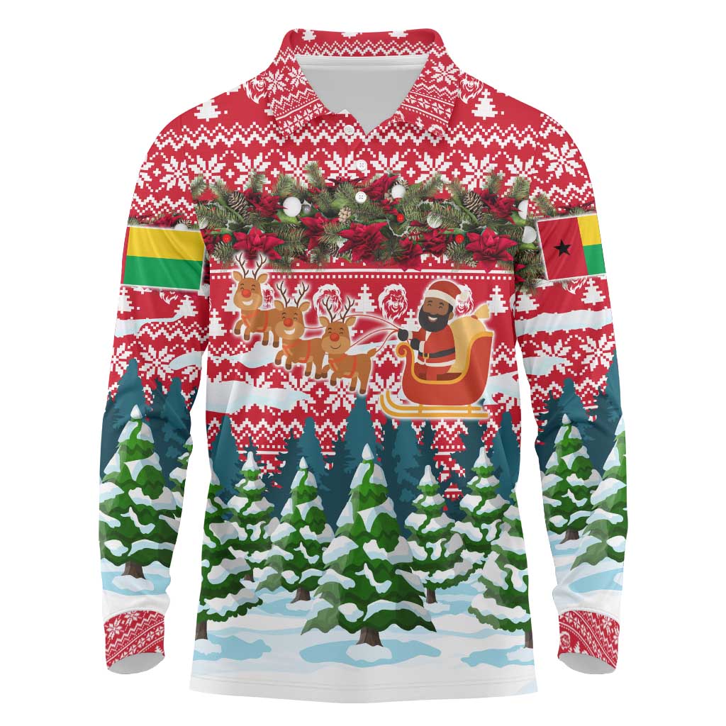 Guinea Bissau Christmas Long Sleeve Polo Shirt with Santa Sleigh Reindeer Forest and National Flag Design - Wonder Print Shop