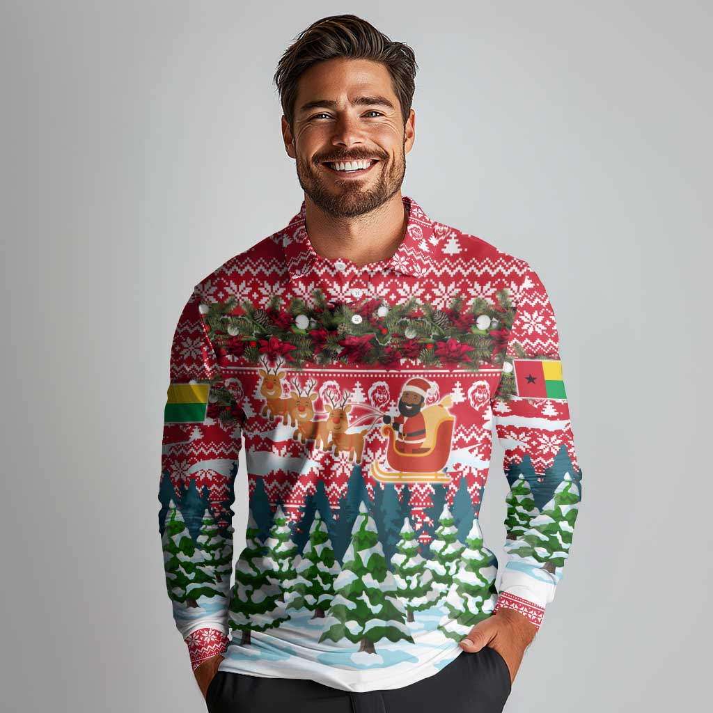 Guinea Bissau Christmas Long Sleeve Polo Shirt with Santa Sleigh Reindeer Forest and National Flag Design - Wonder Print Shop