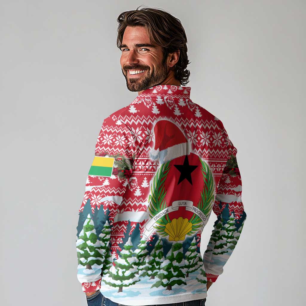 Guinea Bissau Christmas Long Sleeve Polo Shirt with Santa Sleigh Reindeer Forest and National Flag Design - Wonder Print Shop