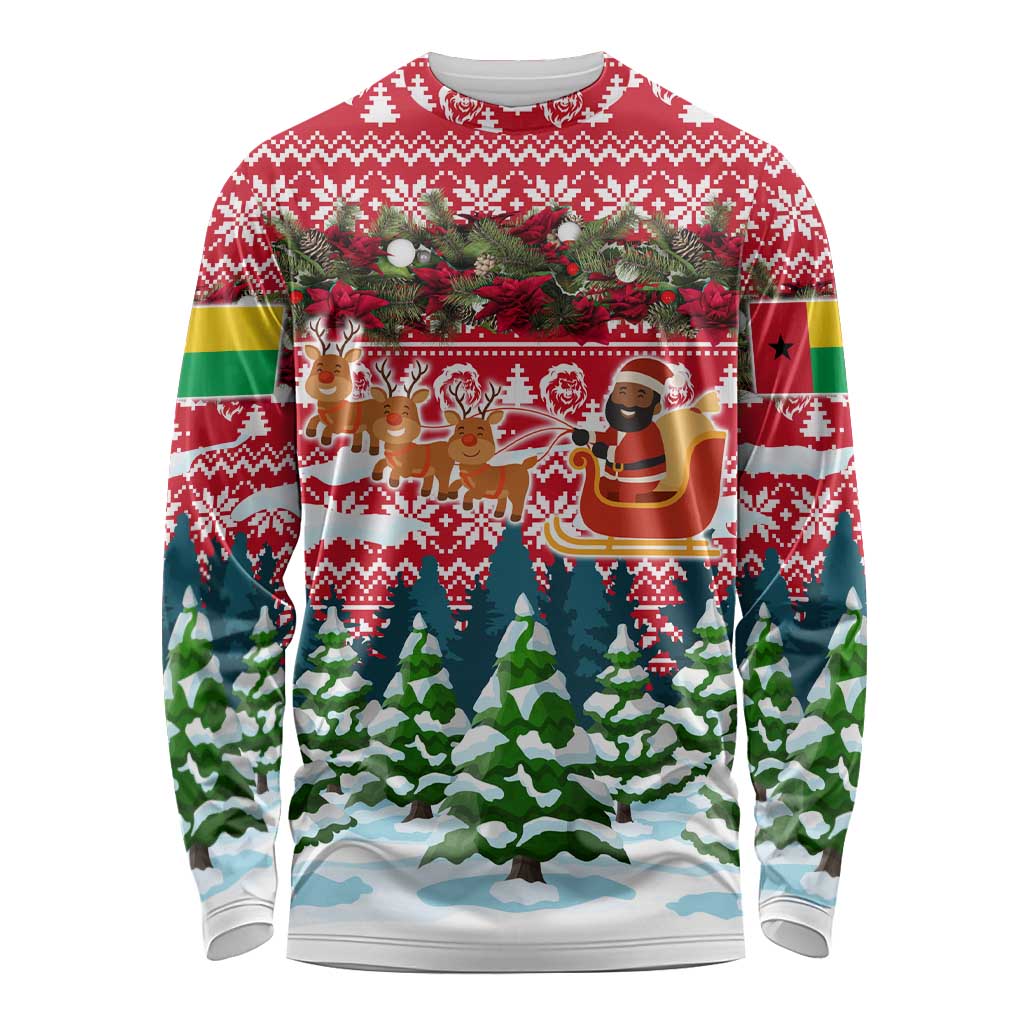 Guinea Bissau Christmas Long Sleeve Shirt with Santa Sleigh Reindeer Forest and National Flag Design - Wonder Print Shop