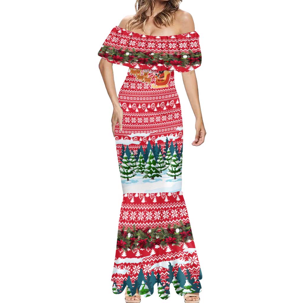 Guinea Bissau Christmas Mermaid Dress with Santa Sleigh Reindeer Forest and National Flag Design - Wonder Print Shop