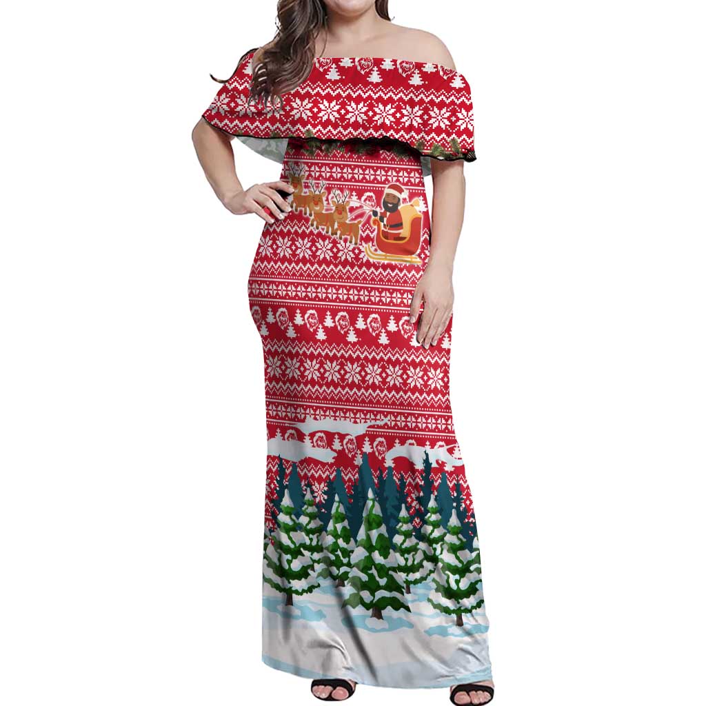 Guinea Bissau Christmas Off Shoulder Maxi Dress with Santa Sleigh Reindeer Forest and National Flag Design - Wonder Print Shop