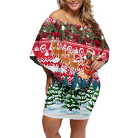Guinea Bissau Christmas Off Shoulder Short Dress with Santa Sleigh Reindeer Forest and National Flag Design - Wonder Print Shop