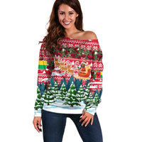 Guinea Bissau Christmas Off Shoulder Sweater with Santa Sleigh Reindeer Forest and National Flag Design - Wonder Print Shop