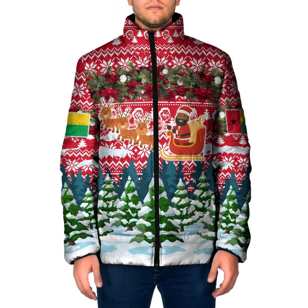 Guinea Bissau Christmas Padded Jacket with Santa Sleigh Reindeer Forest and National Flag Design - Wonder Print Shop