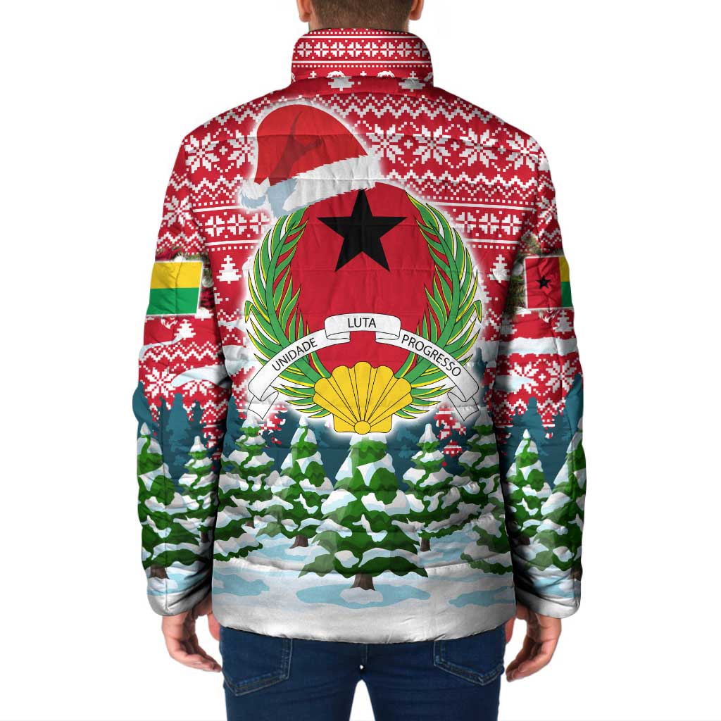 Guinea Bissau Christmas Padded Jacket with Santa Sleigh Reindeer Forest and National Flag Design - Wonder Print Shop