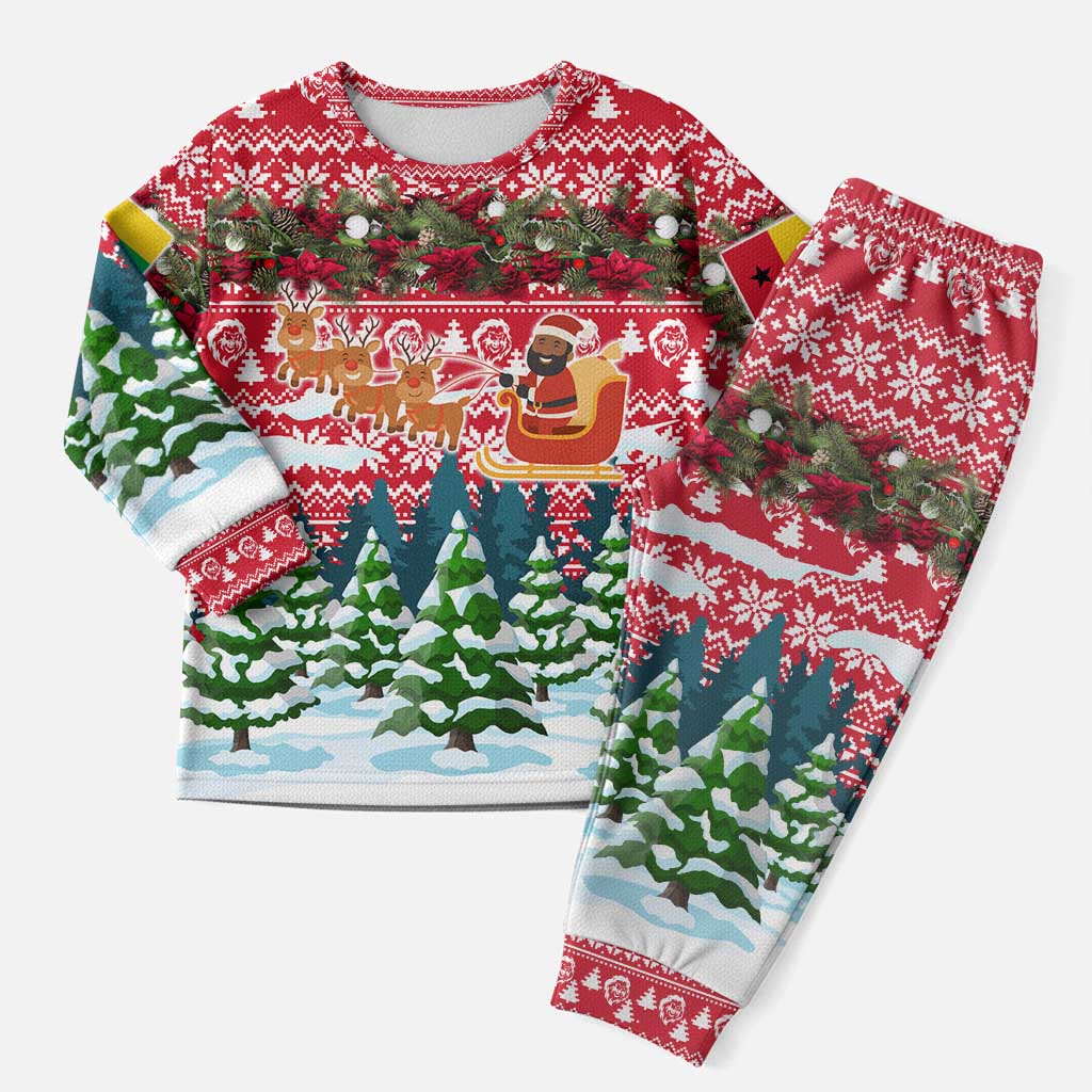 Guinea Bissau Christmas Pajama Set with Santa Sleigh Reindeer Forest and National Flag Design - Wonder Print Shop