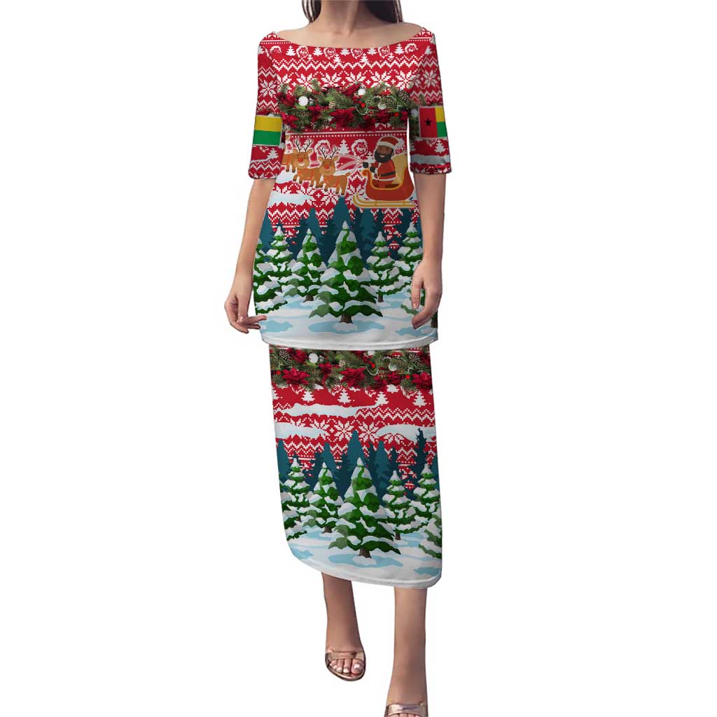 Guinea Bissau Christmas Puletasi with Santa Sleigh Reindeer Forest and National Flag Design - Wonder Print Shop