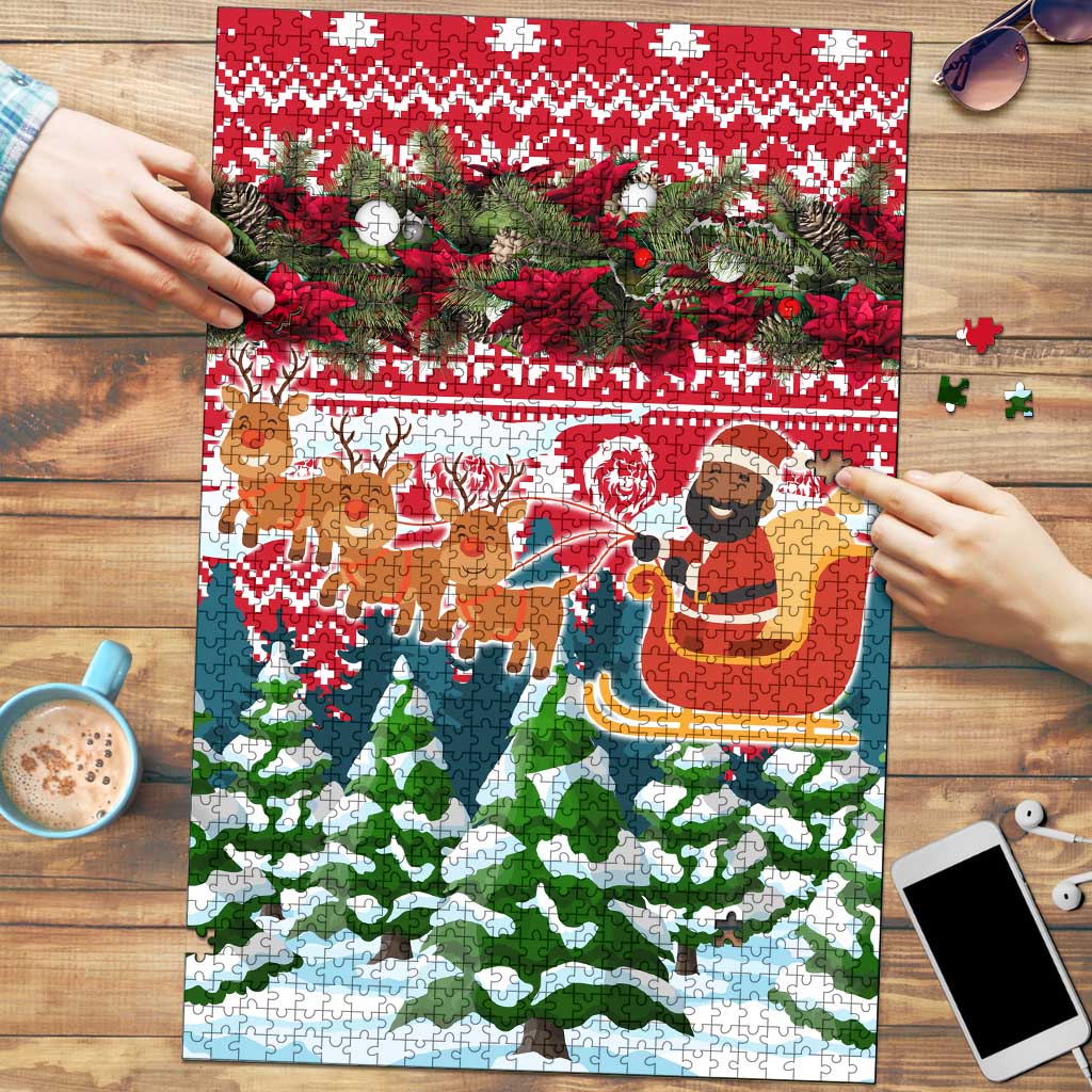 Guinea Bissau Christmas Puzzle with Santa Sleigh Reindeer Forest and National Flag Design - Wonder Print Shop