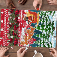 Guinea Bissau Christmas Puzzle with Santa Sleigh Reindeer Forest and National Flag Design - Wonder Print Shop