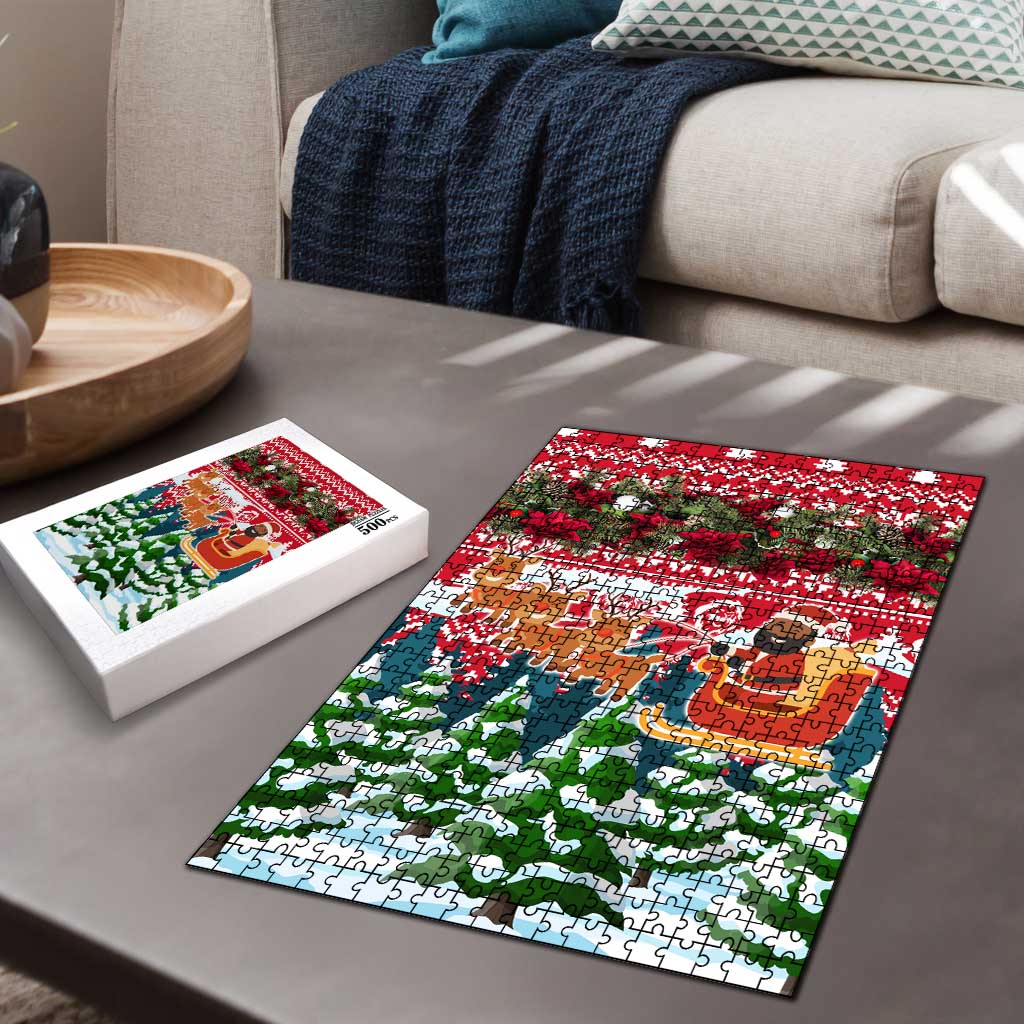 Guinea Bissau Christmas Puzzle with Santa Sleigh Reindeer Forest and National Flag Design - Wonder Print Shop