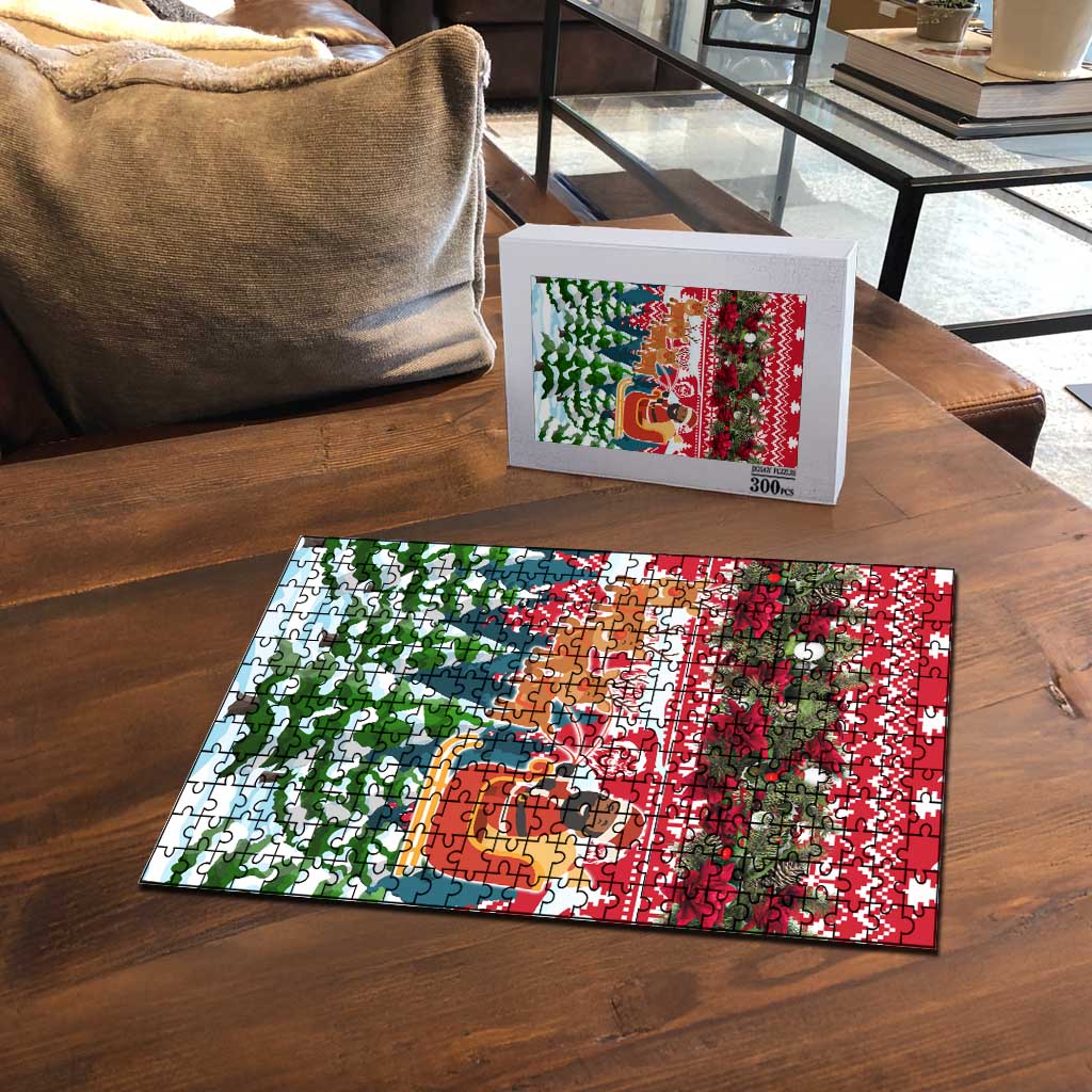 Guinea Bissau Christmas Puzzle with Santa Sleigh Reindeer Forest and National Flag Design - Wonder Print Shop