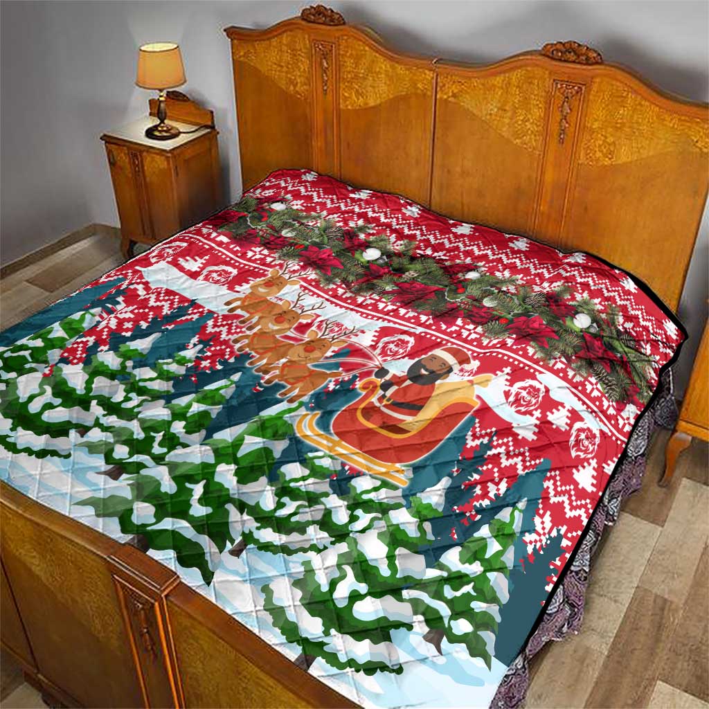 Guinea Bissau Christmas Quilt with Santa Sleigh Reindeer Forest and National Flag Design - Wonder Print Shop