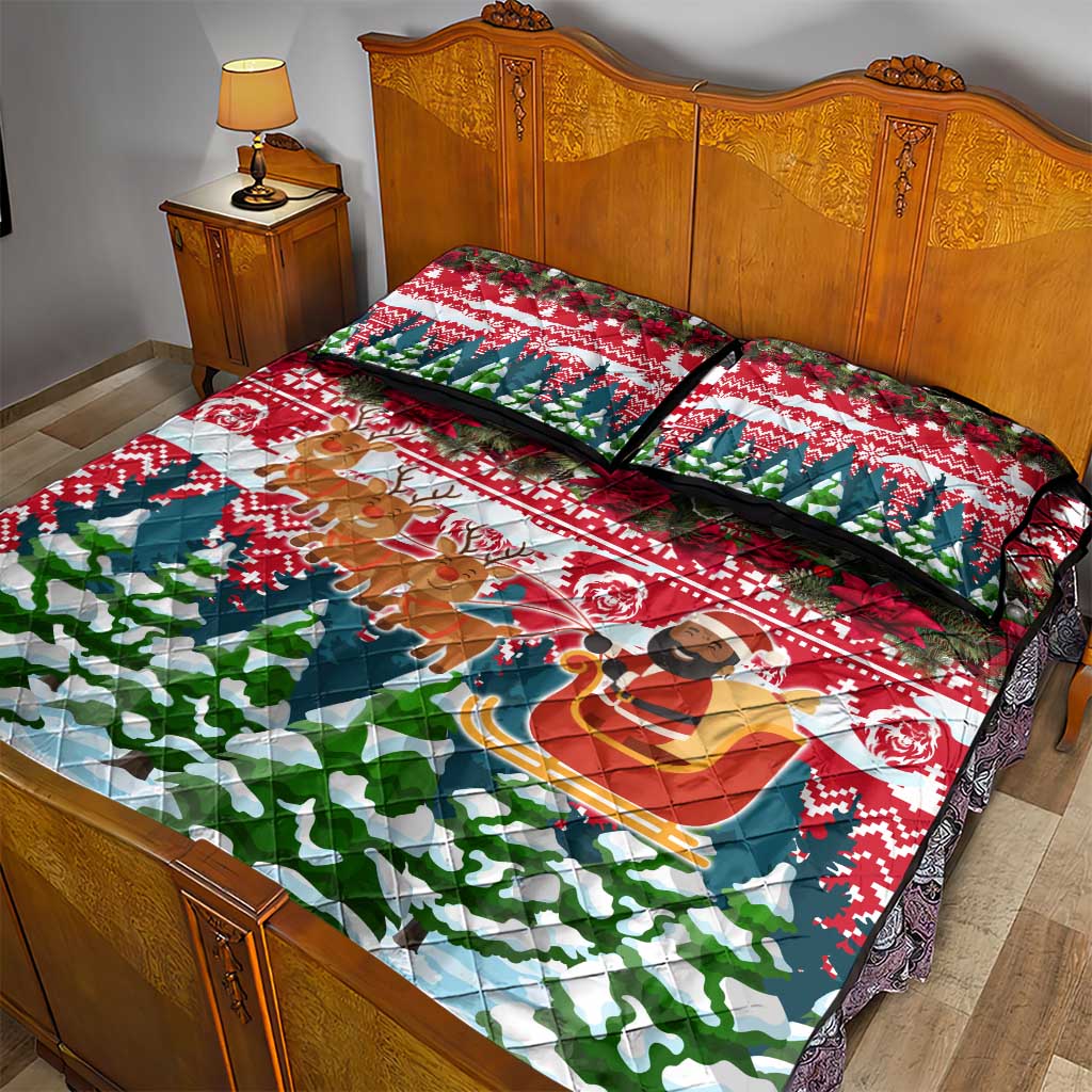 Guinea Bissau Christmas Quilt Bed Set with Santa Sleigh Reindeer Forest and National Flag Design - Wonder Print Shop