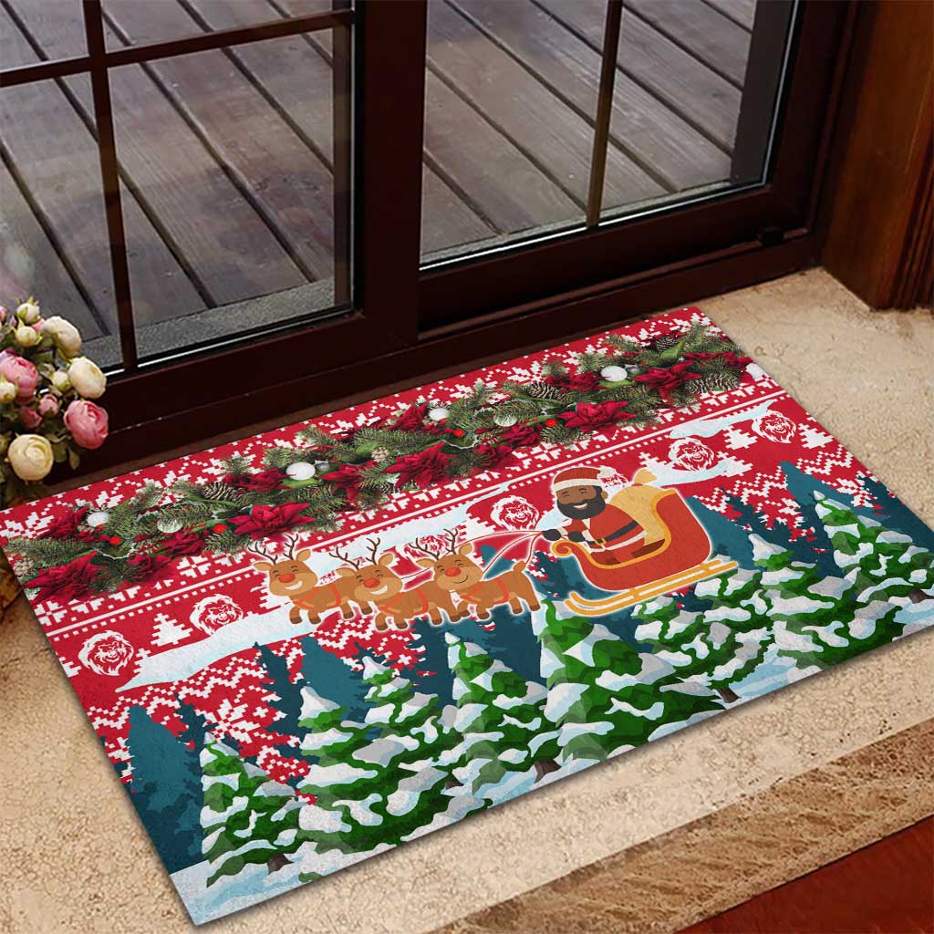 Guinea Bissau Christmas Rubber Doormat with Santa Sleigh Reindeer Forest and National Flag Design - Wonder Print Shop