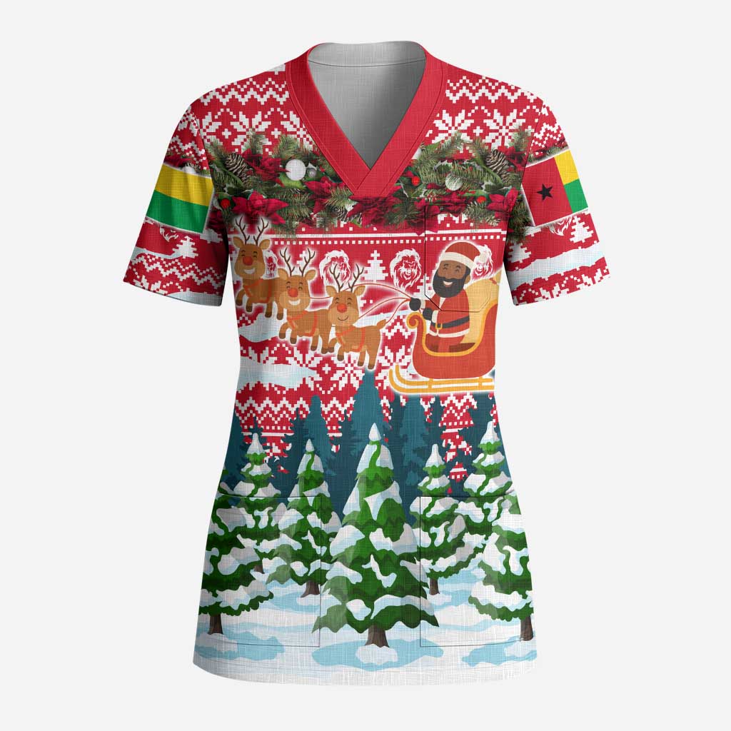 Guinea Bissau Christmas Scrub Top with Santa Sleigh Reindeer Forest and National Flag Design - Wonder Print Shop