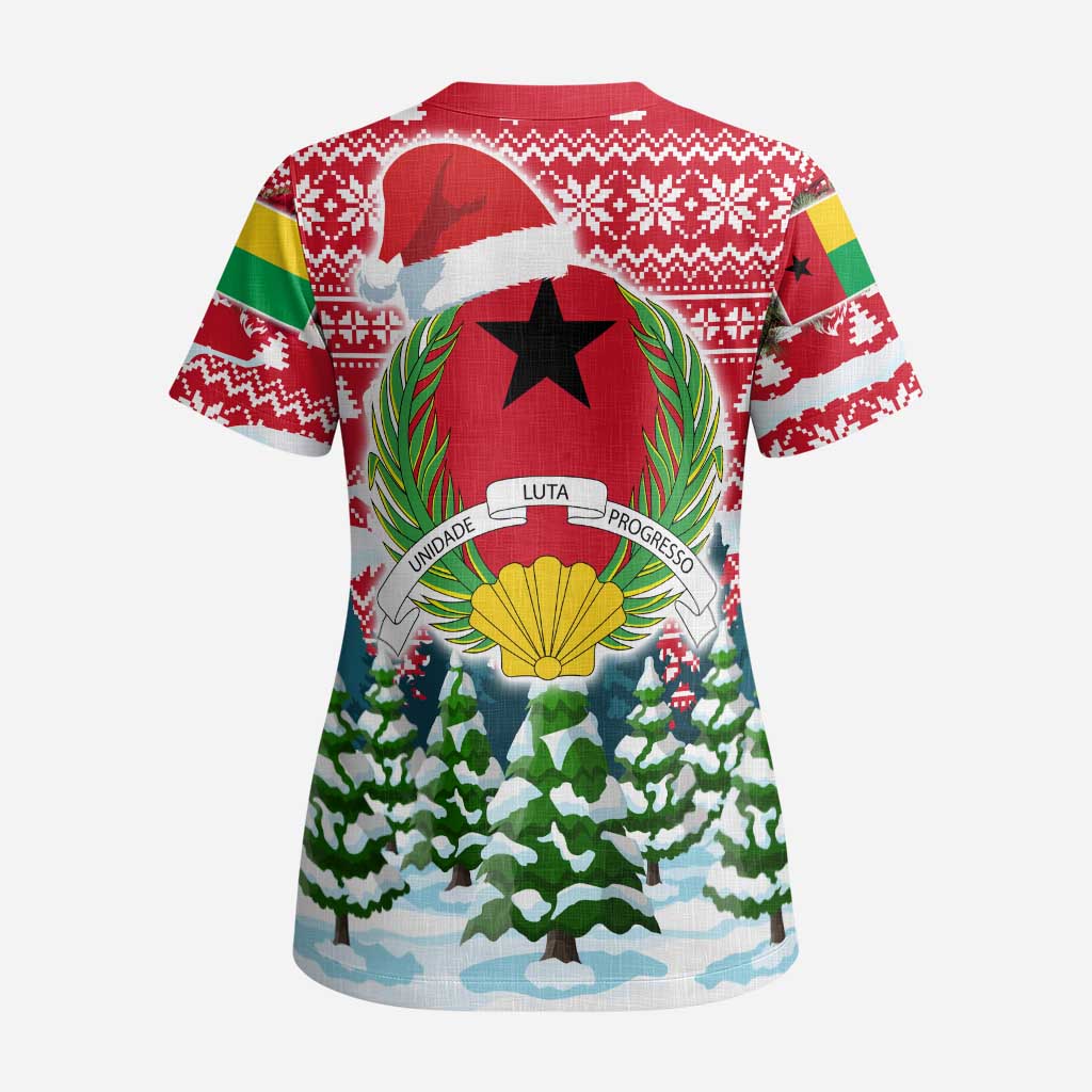 Guinea Bissau Christmas Scrub Top with Santa Sleigh Reindeer Forest and National Flag Design - Wonder Print Shop