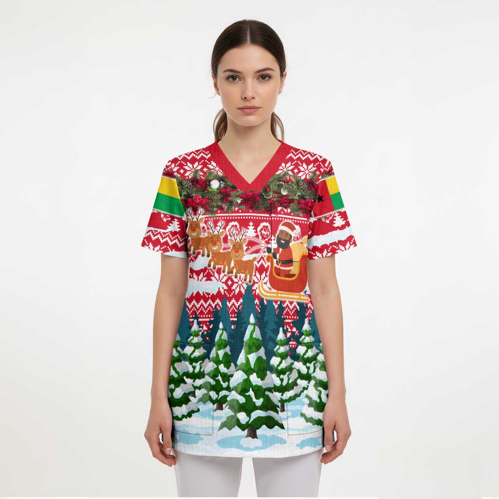Guinea Bissau Christmas Scrub Top with Santa Sleigh Reindeer Forest and National Flag Design - Wonder Print Shop