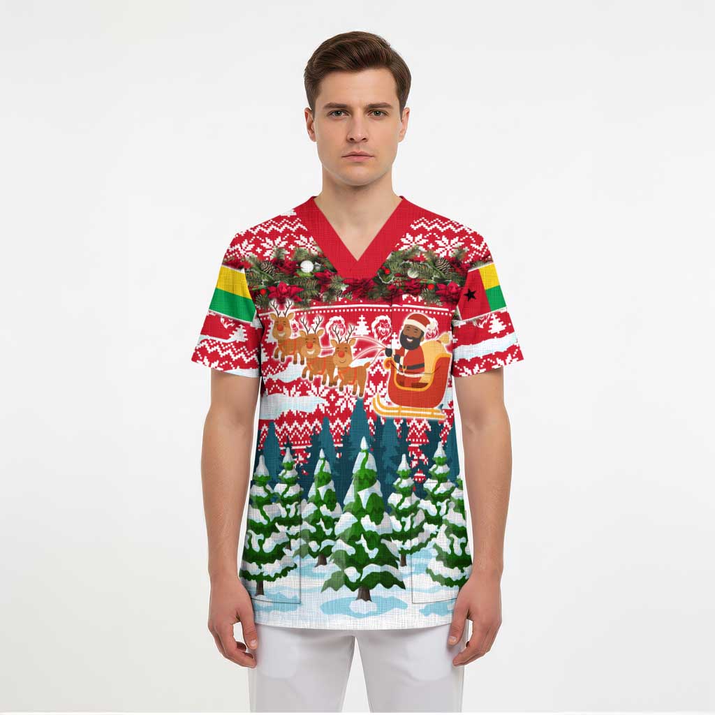 Guinea Bissau Christmas Scrub Top with Santa Sleigh Reindeer Forest and National Flag Design - Wonder Print Shop