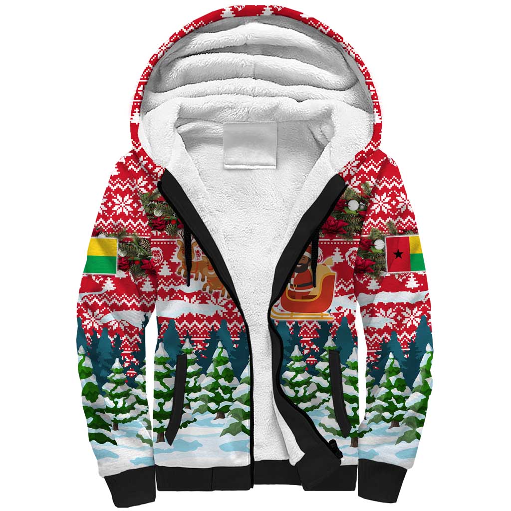 Guinea Bissau Christmas Sherpa Hoodie with Santa Sleigh Reindeer Forest and National Flag Design - Wonder Print Shop