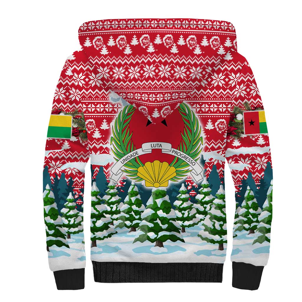 Guinea Bissau Christmas Sherpa Hoodie with Santa Sleigh Reindeer Forest and National Flag Design - Wonder Print Shop